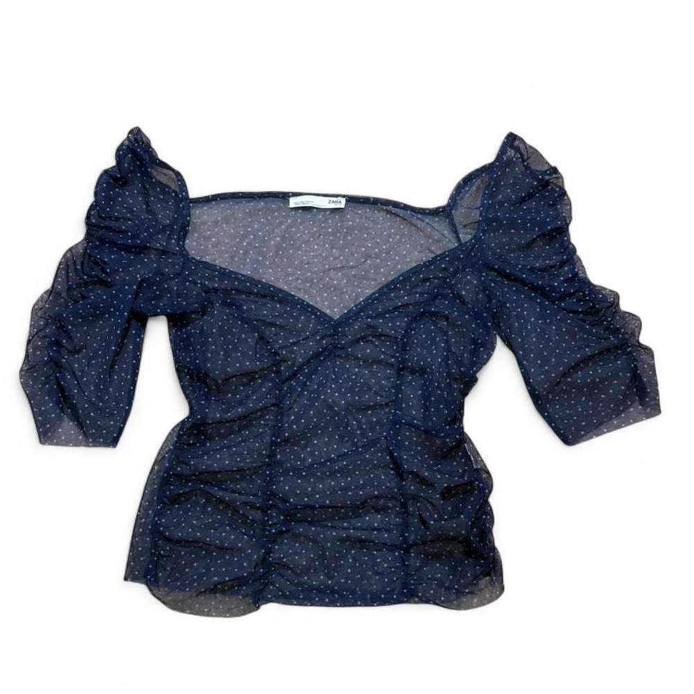 Zara Navy blue light weight sheer polka dot blouse with ruffled puffed sleeves